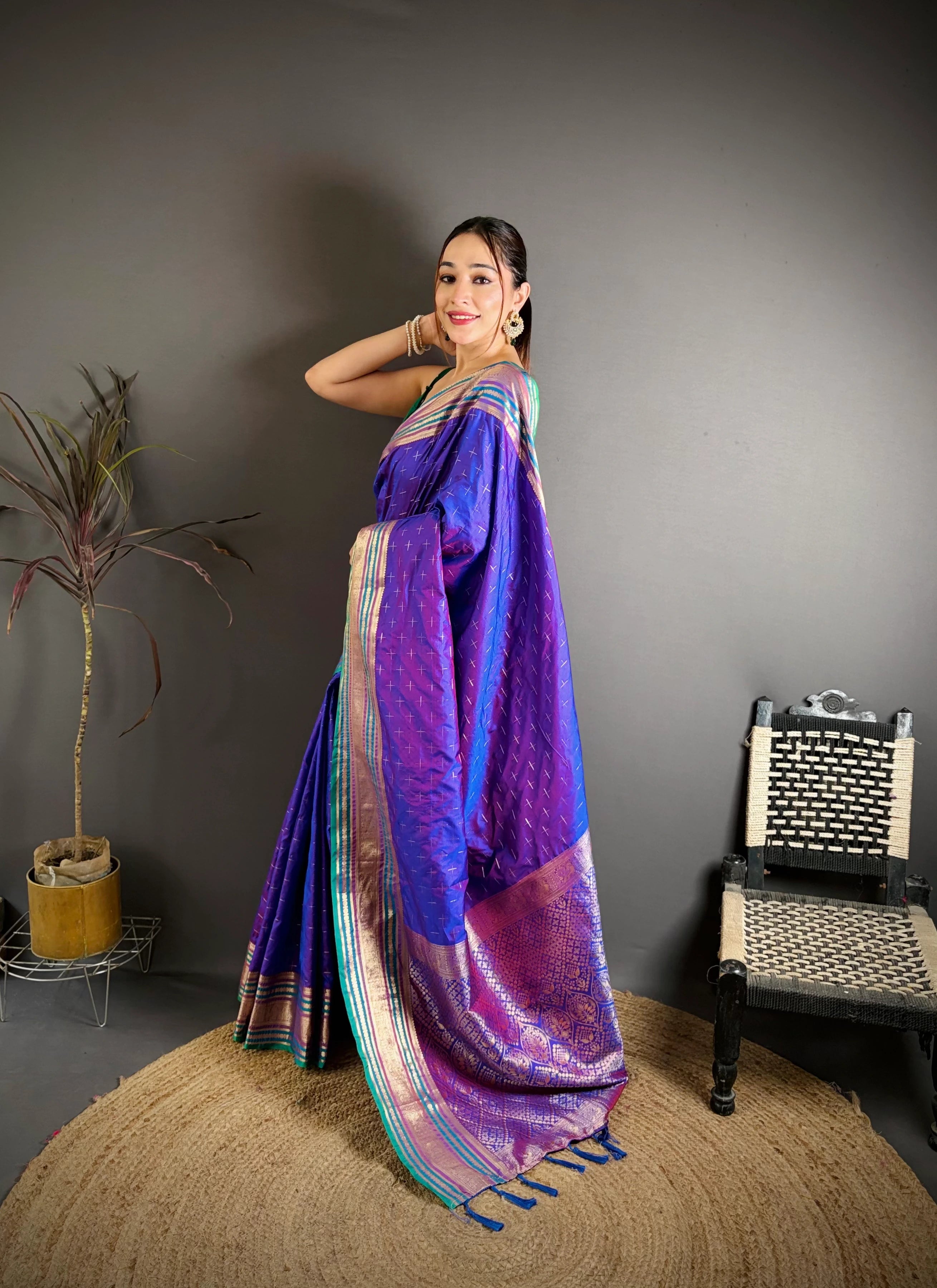 Soft Purple Zari Weaving Saree three-quarter view – KS373