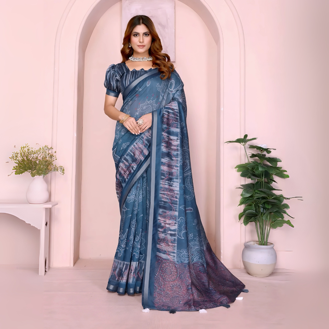 Navy Blue Ikkat Print with Zari Woven Cotton Saree
