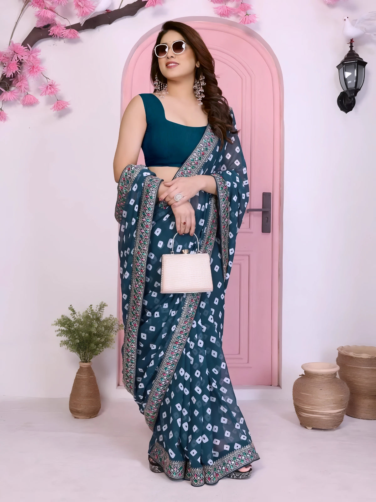 Rama Blue Rajwadi Bandhej Print With Heavy Embroidery Work Georgette Saree