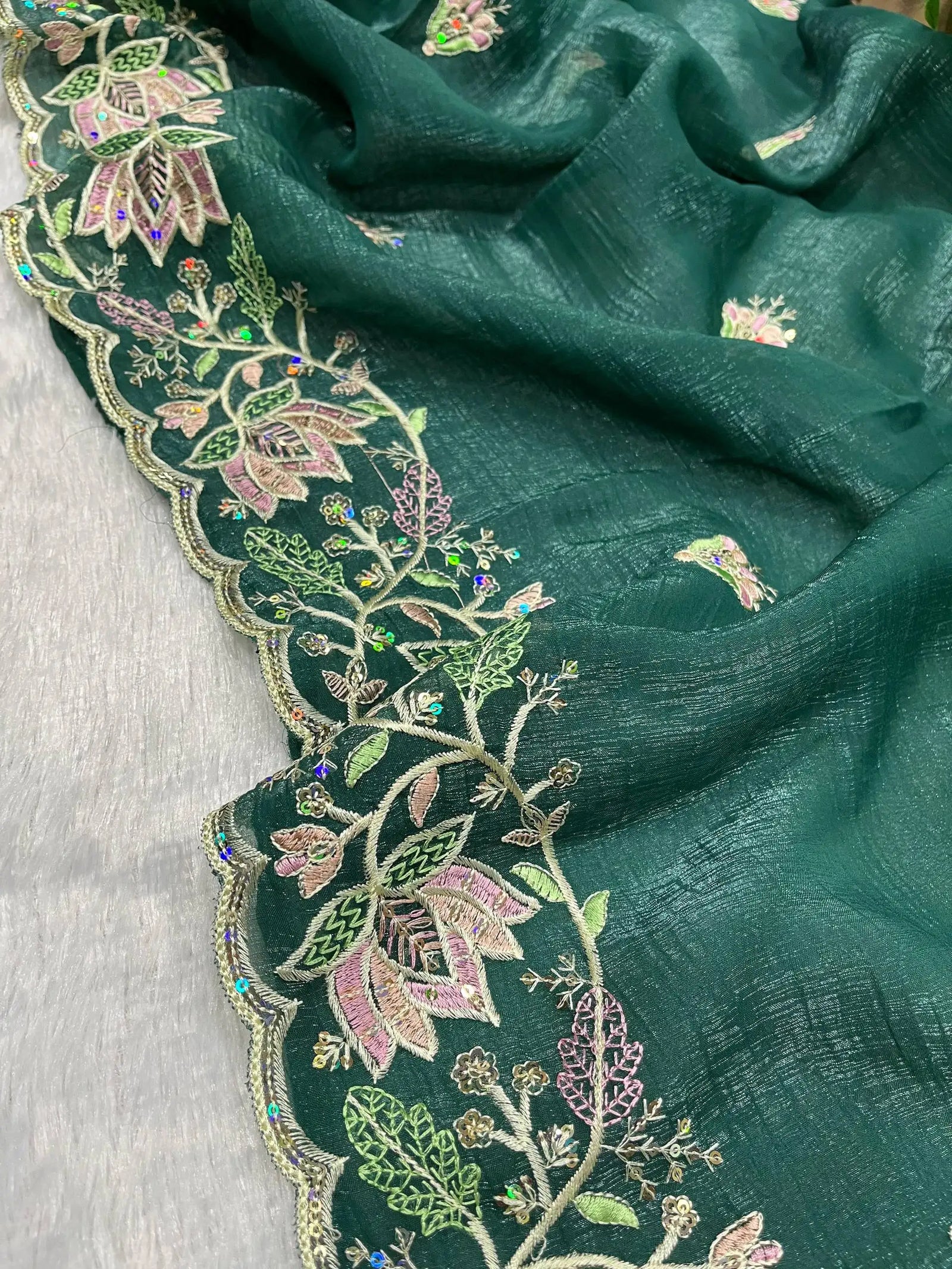 Teal Blue Embroidered Saree pallu spread flat lay – KS376
