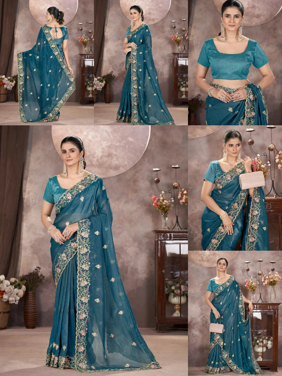 Teal Blue Multi Thread Embroidered Saree collage – KS376 Kalyanja