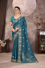 Teal Blue Multi Thread Embroidered Saree full front – KS376