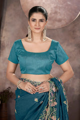Teal Blue Butterfly Net Saree portrait close-up – KS376