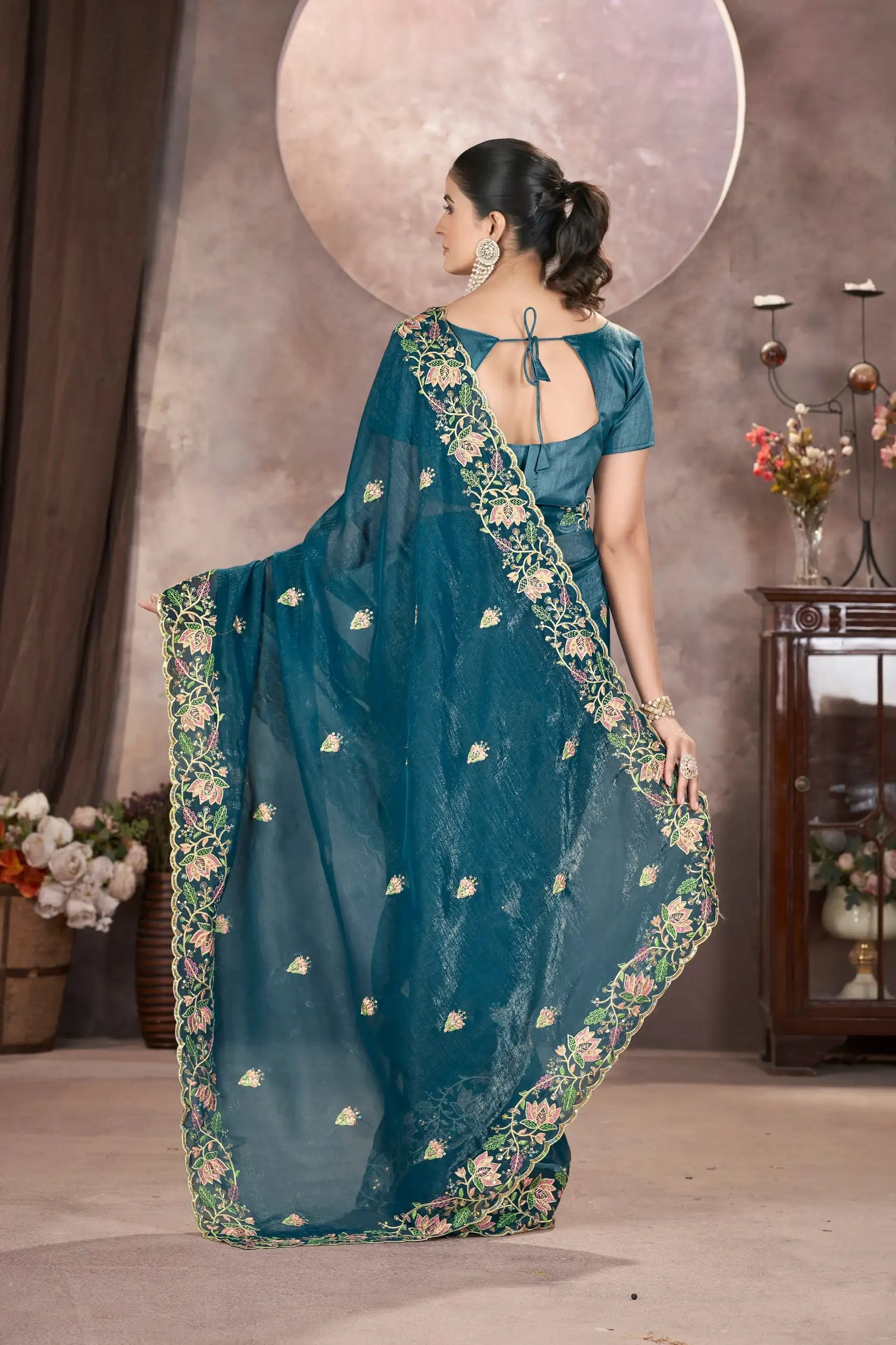 Teal Blue Embroidered Saree back pallu view – KS376