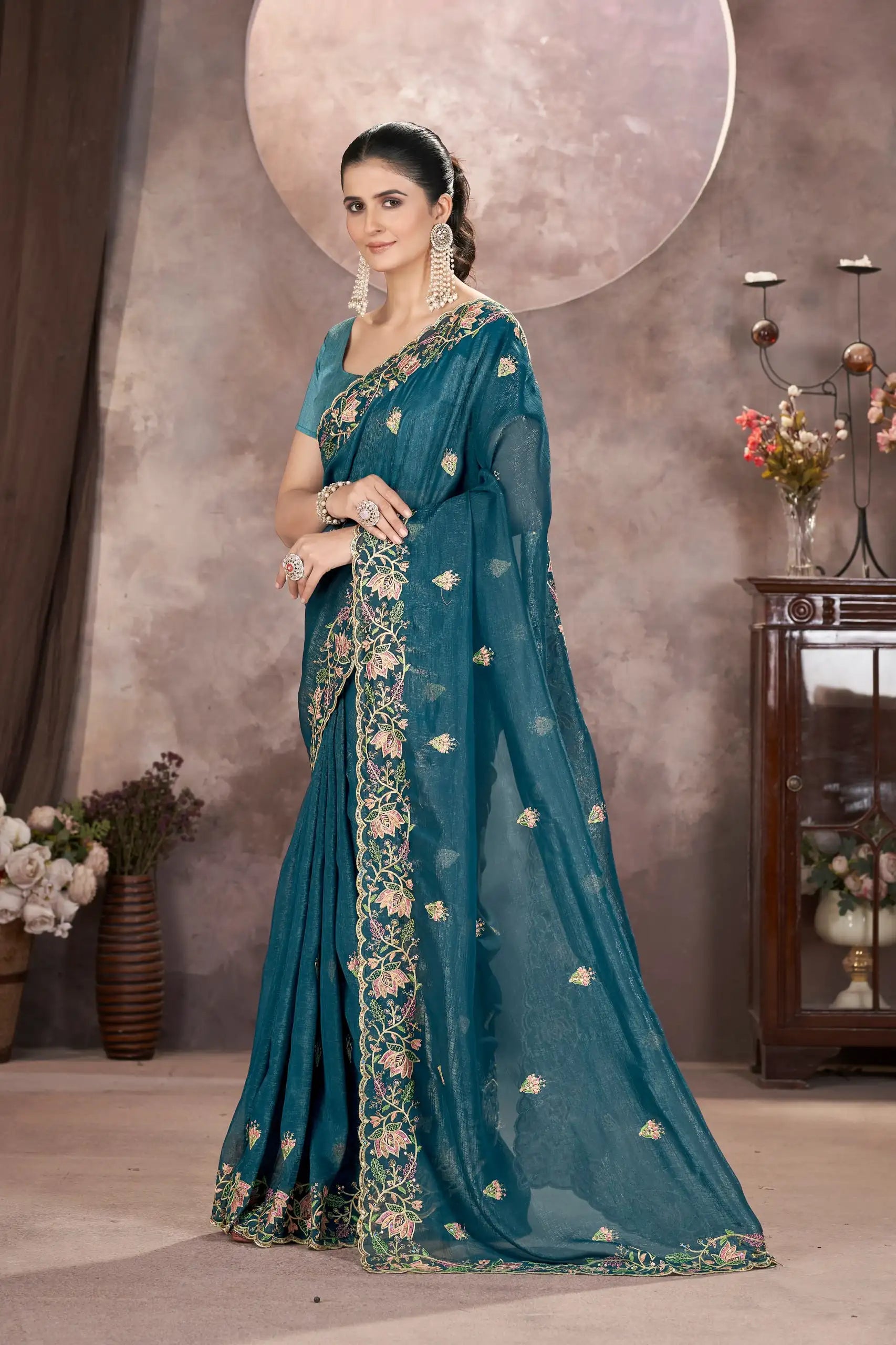 Teal Blue Saree model side drape – KS376