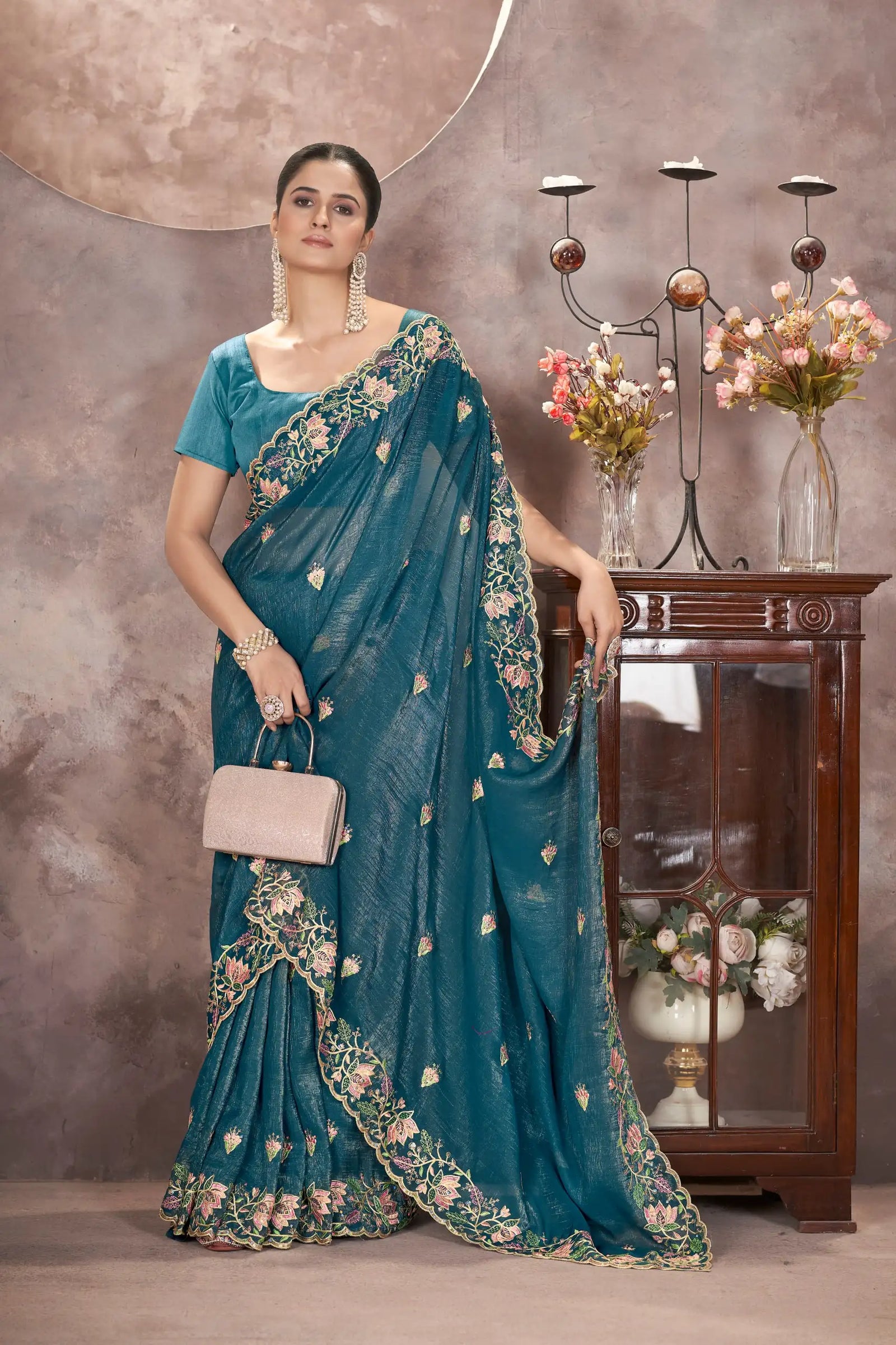 Teal Blue Butterfly Net Saree sequins embroidery detail – KS376