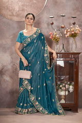 Teal Blue Butterfly Net Saree sequins embroidery detail – KS376