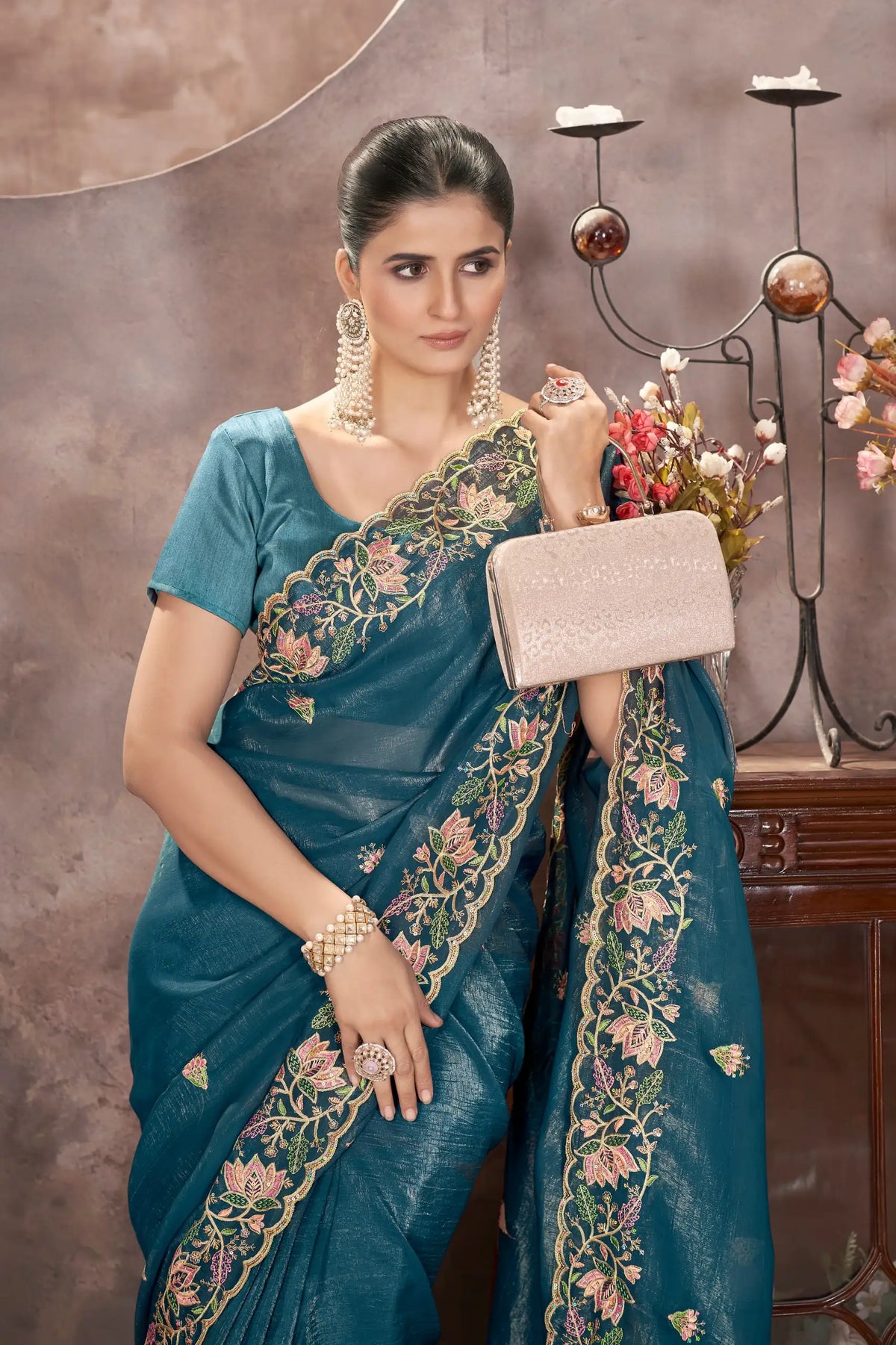 Teal Blue Embroidered Saree border cut-work detail – KS376