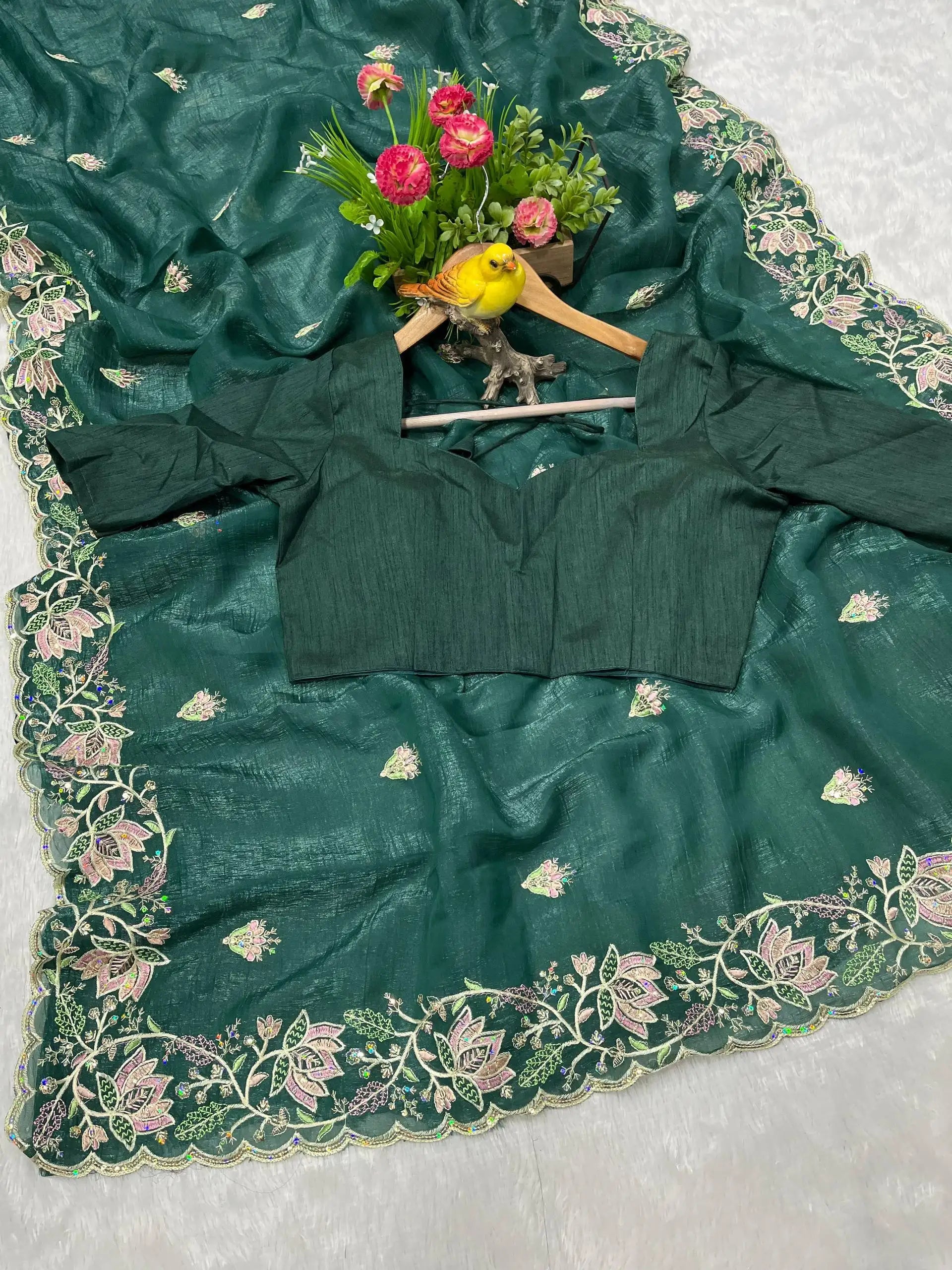 Teal Blue Saree flat lay with blouse – KS376