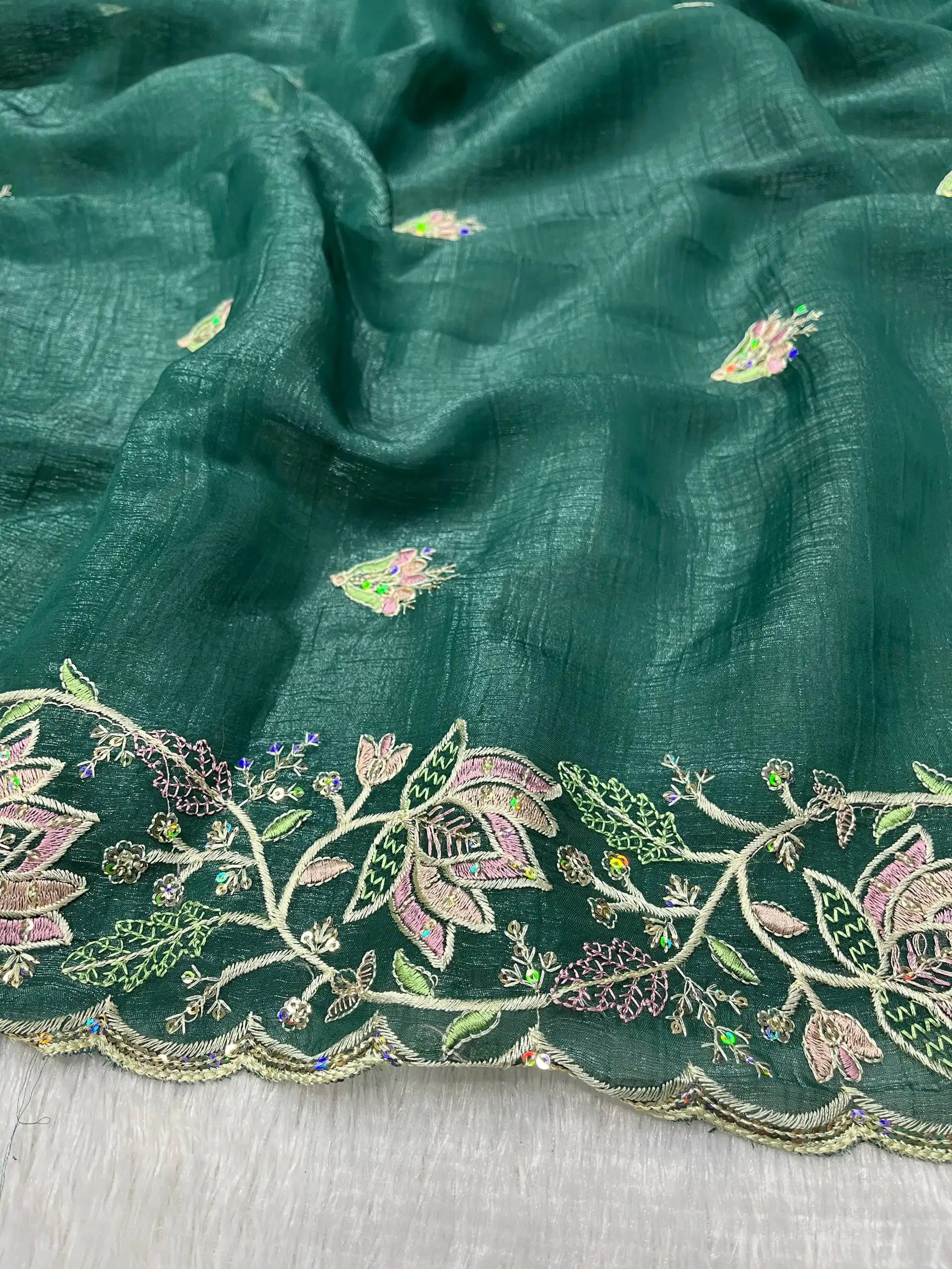 Teal Blue Butterfly Net Saree embroidery flat lay – KS376