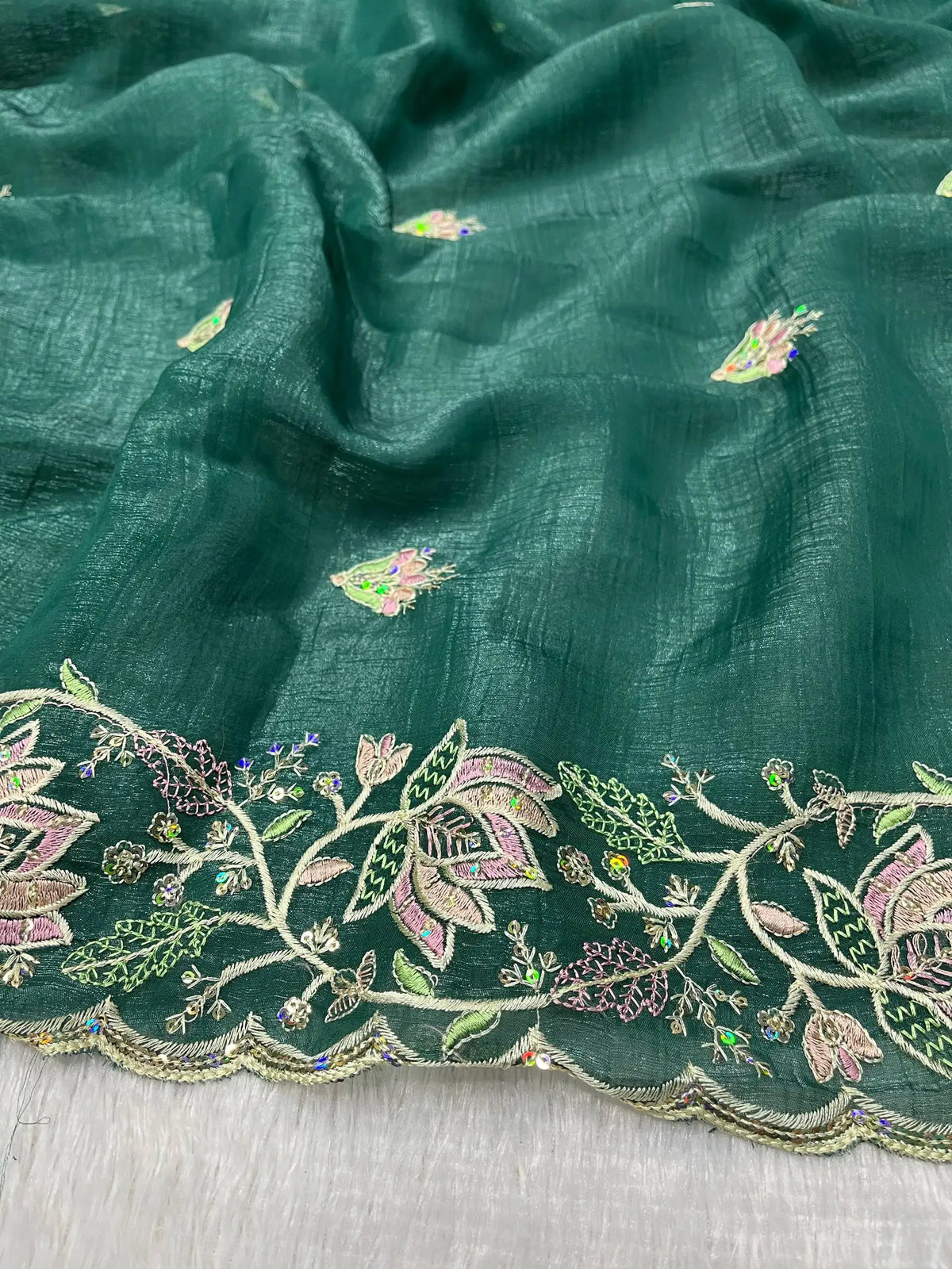 Teal Blue Butterfly Net Saree embroidery flat lay – KS376
