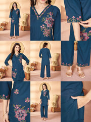 teal blue multi thread embroidered rayon coord set kalyanja kc12 all angles catalog