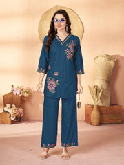 teal blue multi thread embroidered coord set kalyanja kc12 front full model