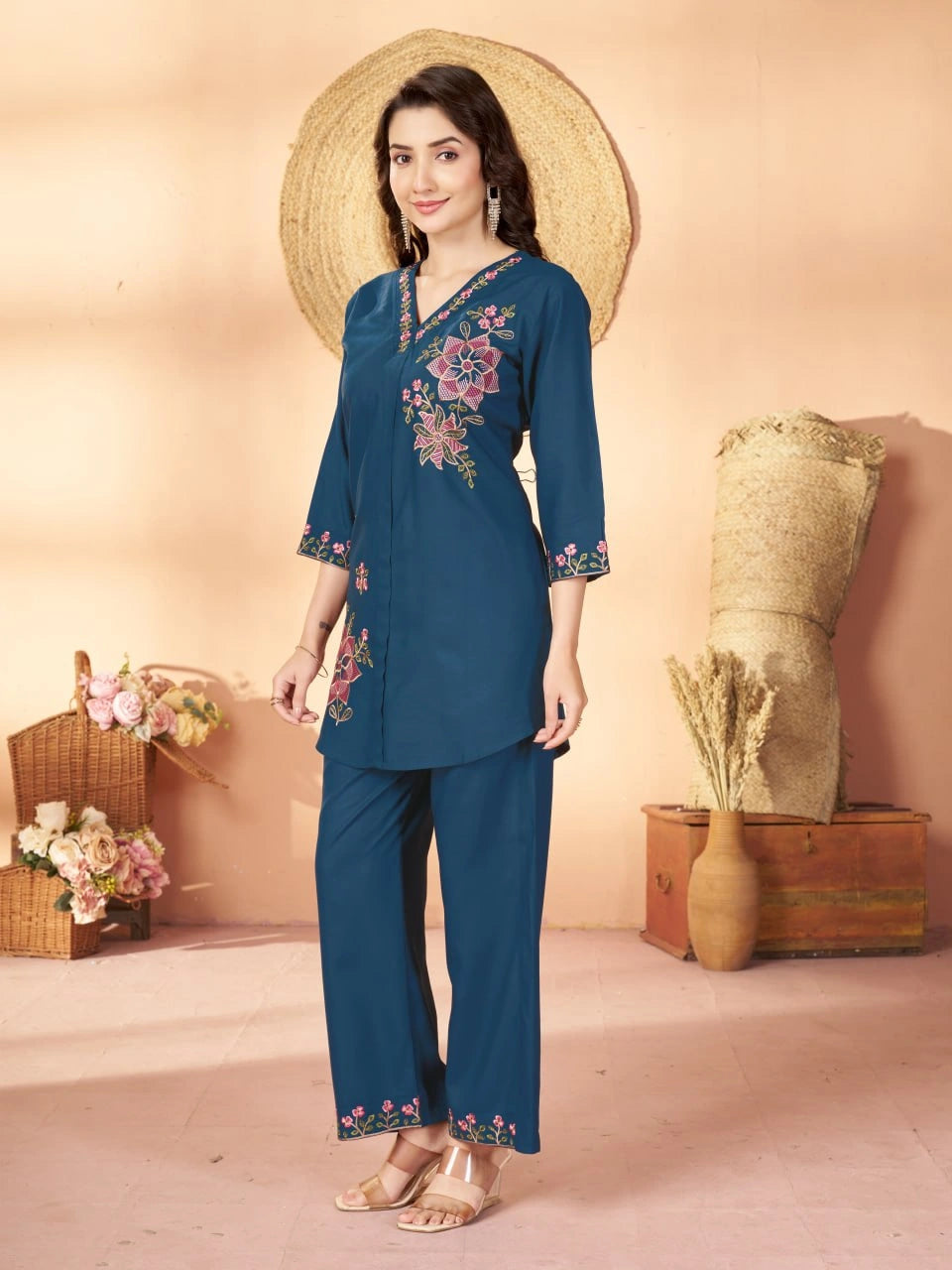 teal blue multi thread embroidered coord set kalyanja kc12 full side front angle
