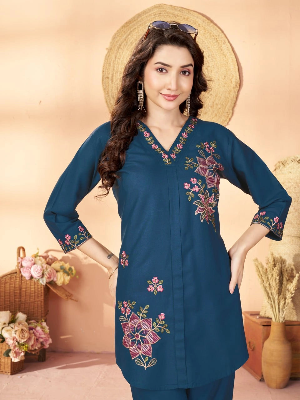 teal blue multi thread embroidered coord set kalyanja kc12 upper body close up
