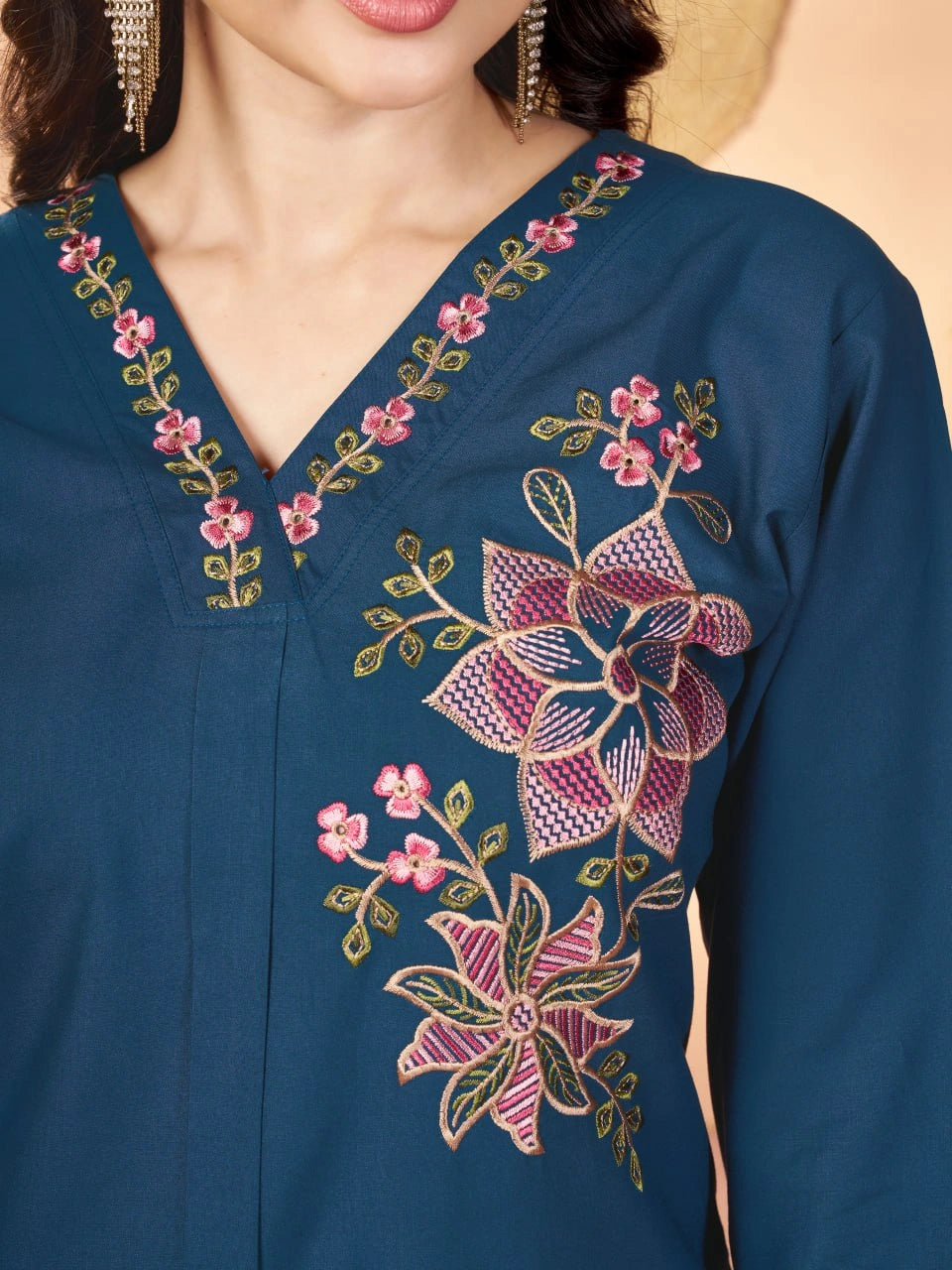 teal blue multi thread embroidered coord set kalyanja kc12 vneck embroidery close up
