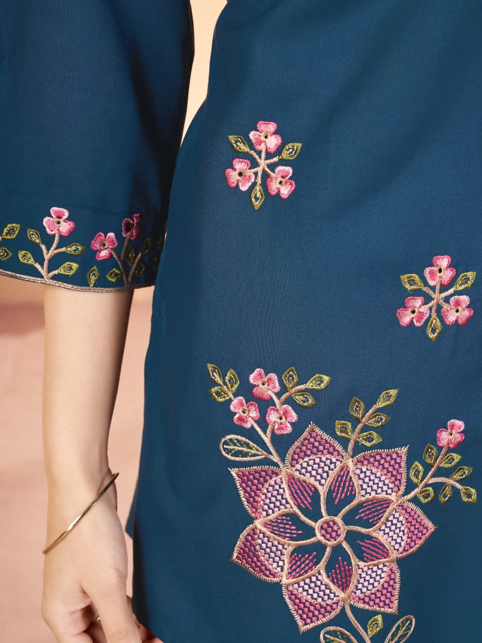 teal blue multi thread embroidered coord set kalyanja kc12 side floral embroidery detail