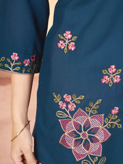 teal blue multi thread embroidered coord set kalyanja kc12 side floral embroidery detail