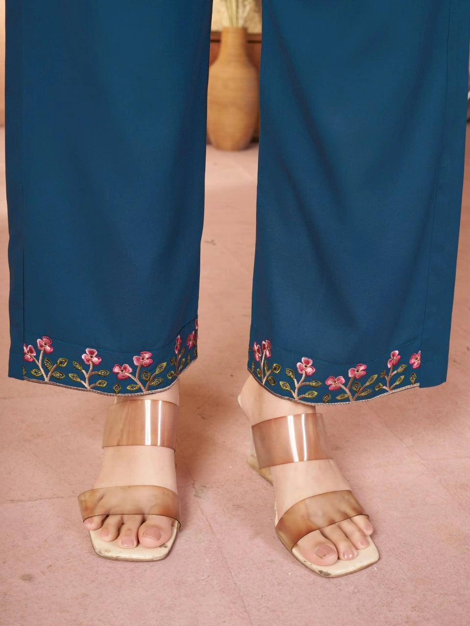 teal blue multi thread embroidered coord set kalyanja kc12 pants hem embroidery detail
