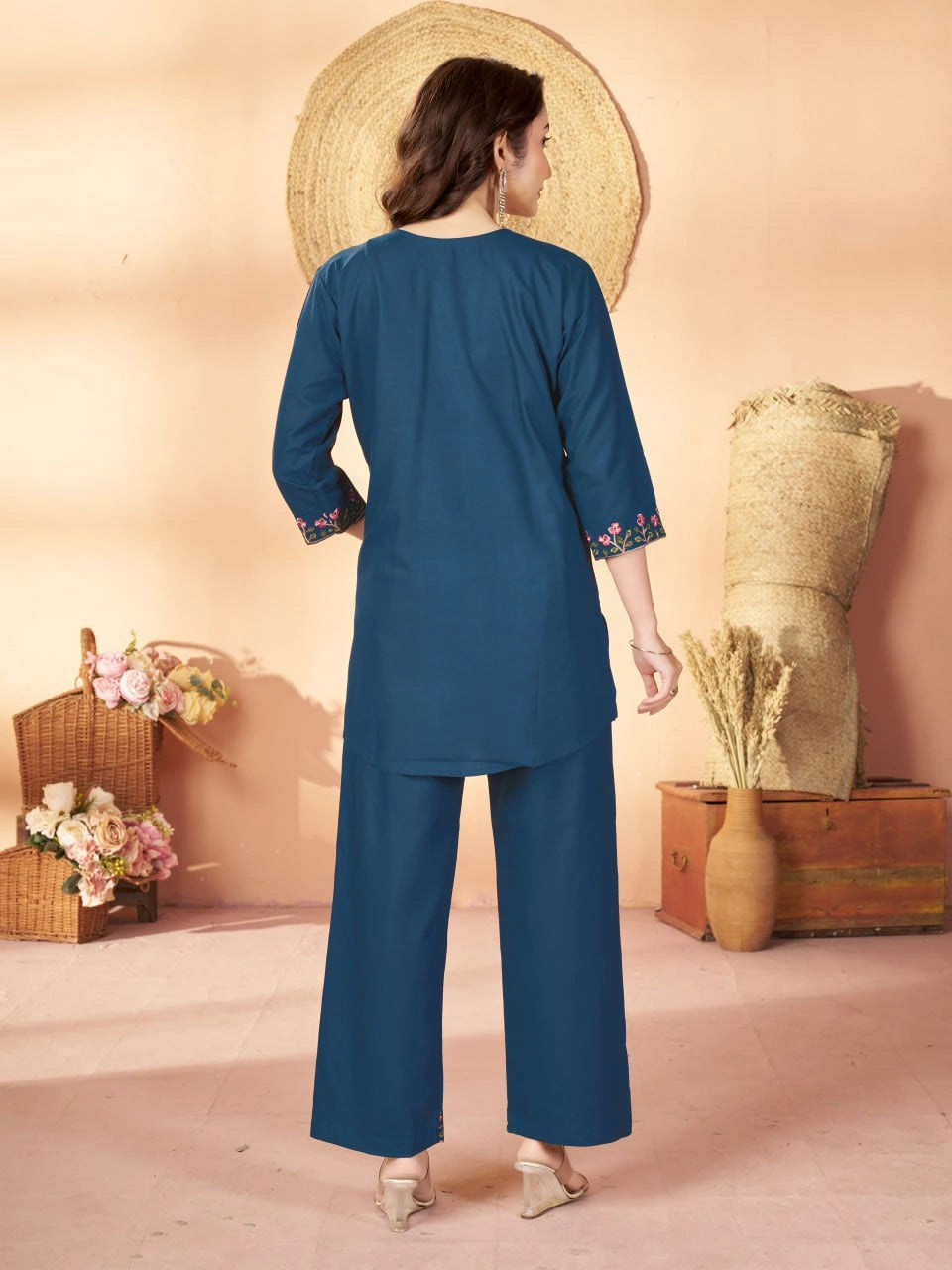 teal blue multi thread embroidered coord set kalyanja kc12 back view full length