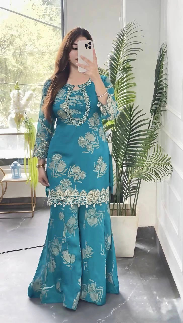 Teal Blue Sequins Digital Print Sharara Suit front full-length model – Kalyanja KU297