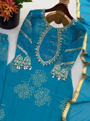Teal Blue Sequins Sharara Suit flat lay neckline and hem detail – Kalyanja KU297
