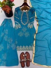 Teal Blue Sequins Digital Print Sharara Suit flat lay product view – Kalyanja KU297