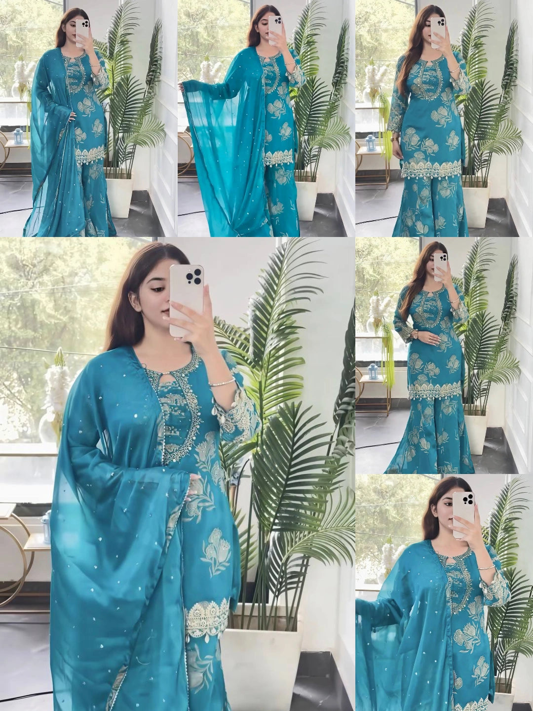 Teal Blue Sequins Digital Print Sharara Suit catalog collage – Kalyanja KU297