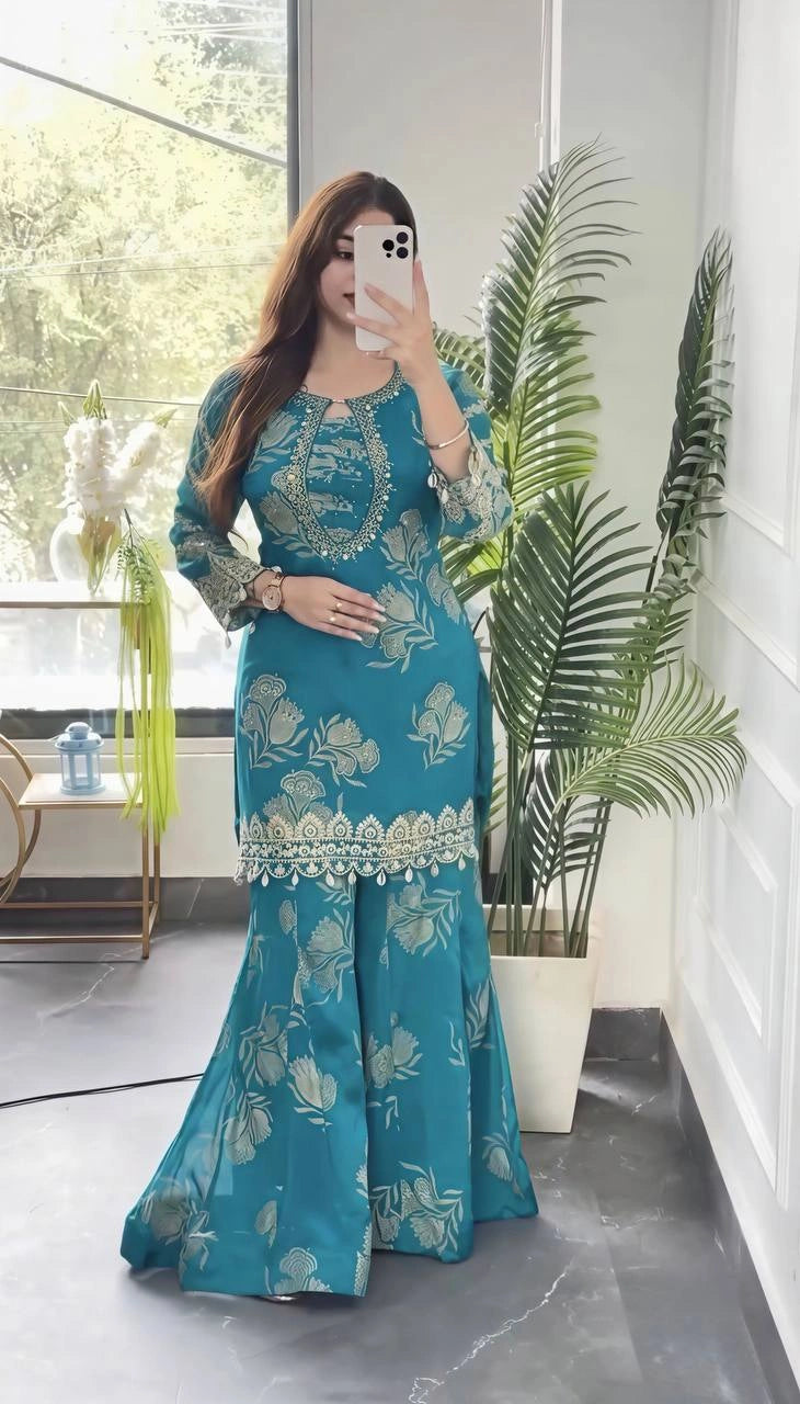 Teal Blue Sequins Sharara Suit front model showing Sharara flare – Kalyanja KU297