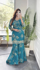 Teal Blue Sequins Sharara Suit front model showing Sharara flare – Kalyanja KU297