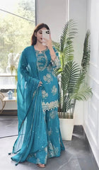 Teal Blue Sequins Sharara Suit model with dupatta held out – Kalyanja KU297