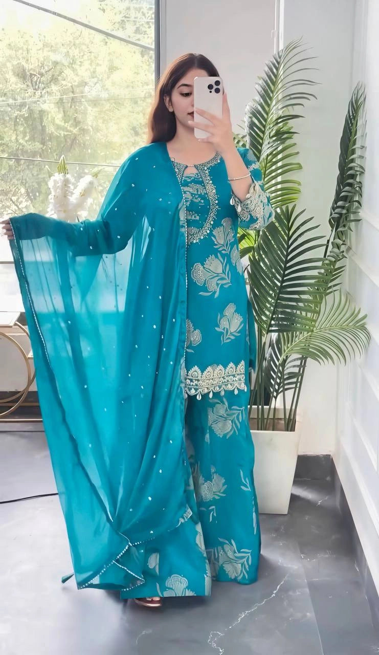 Teal Blue Sequins Digital Print Sharara Suit side angle model – Kalyanja KU297