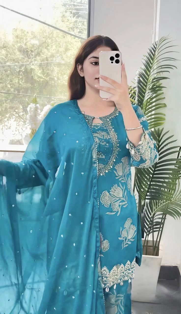Teal Blue Sequins Sharara Suit portrait neckline sequins detail – Kalyanja KU297