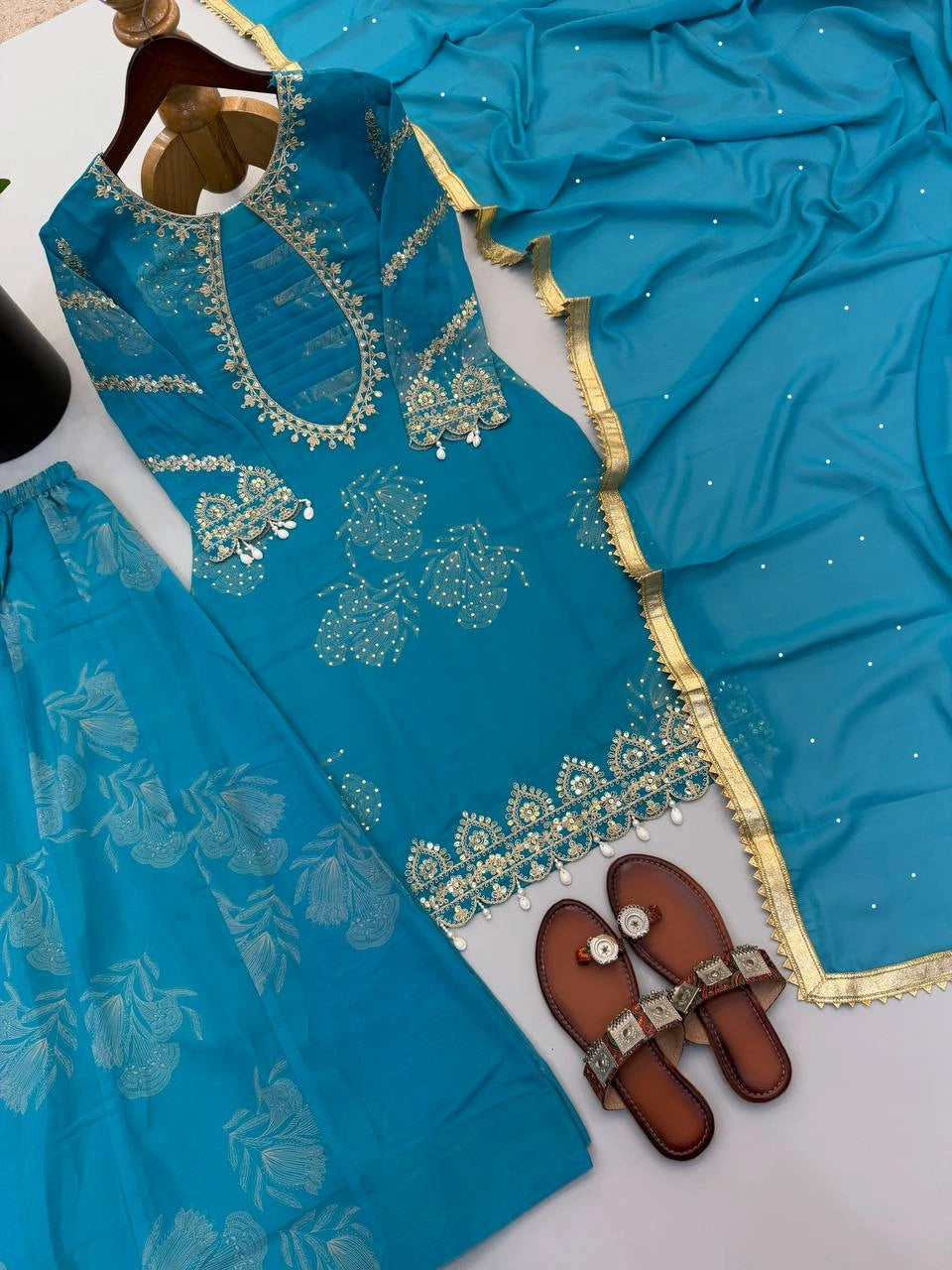 Teal Blue Sequins Sharara Suit model shot 8 – Kalyanja KU297
