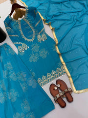 Teal Blue Sequins Sharara Suit model shot 8 – Kalyanja KU297
