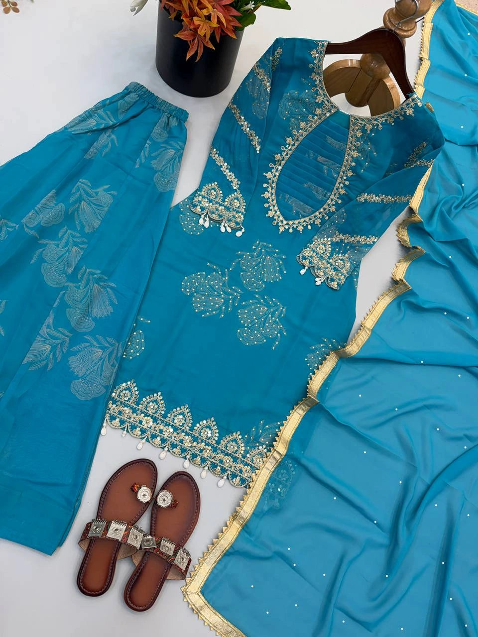 Teal Blue Sequins Digital Print Sharara Suit flat lay full set – Kalyanja KU297