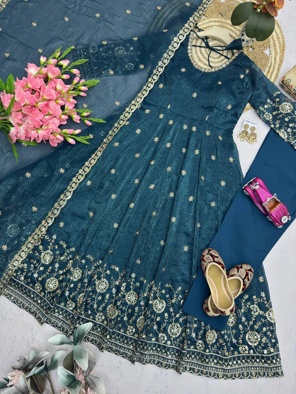 Teal Blue Sequins Embroidered Suit Front View – Crunchy Silk Blend | Kalyanja KU309