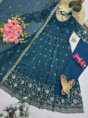 Teal Blue Sequins Embroidered Suit Front View – Crunchy Silk Blend | Kalyanja KU309