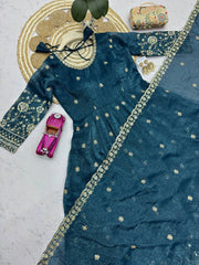 Teal Blue Sequins Embroidered Suit 3/4 Angle View