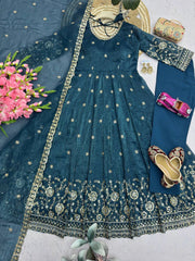 Teal Blue Sequins Embroidered Suit Side View