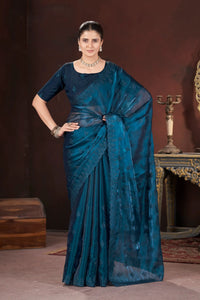 Teal Blue Sequins Embroidered Saree – Silk Blend, Cut Work Border
