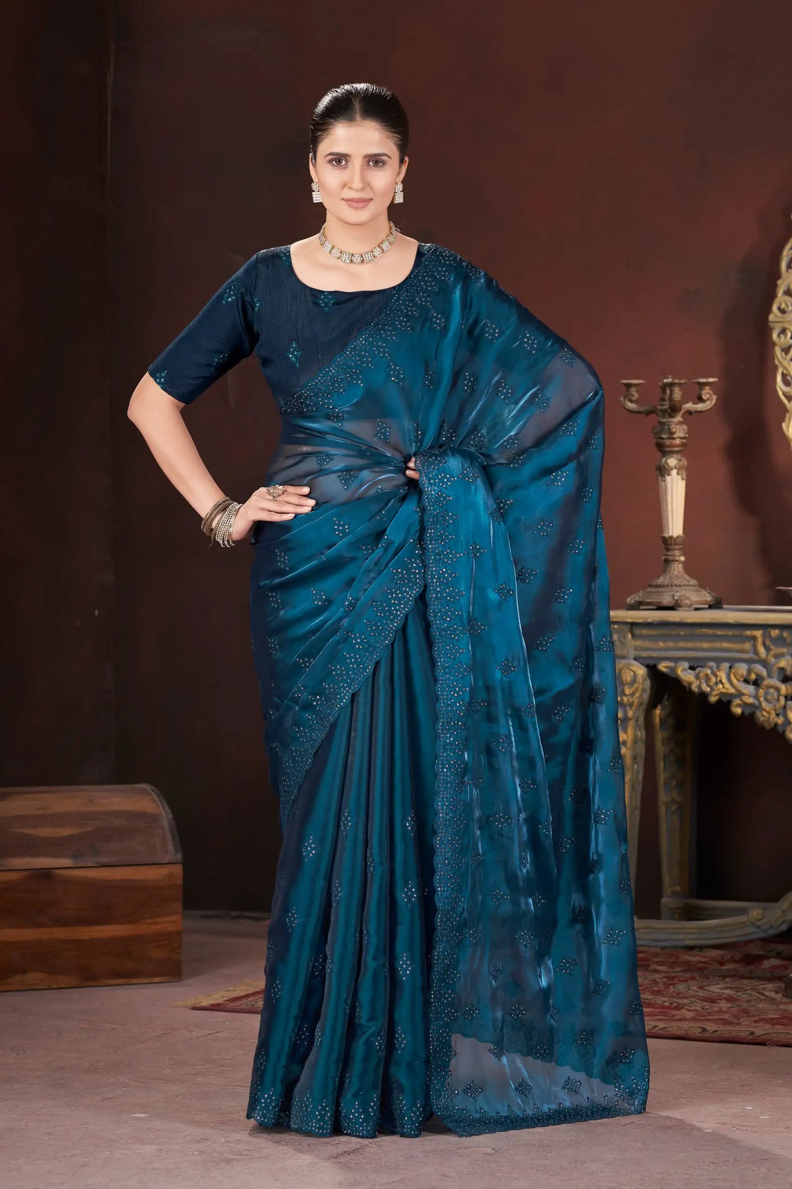 Teal Blue Sequins Embroidered Saree full front – KS377