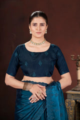 Teal Blue Silk Blend Saree model side drape – KS377