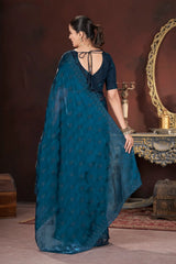 Teal Blue Sequins Saree back pallu view – KS377