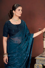 Teal Blue Sequins Saree close-up – KS377