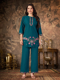 Teal Blue Thread Embroidered Coord Set – Regular Top with Straight Pants