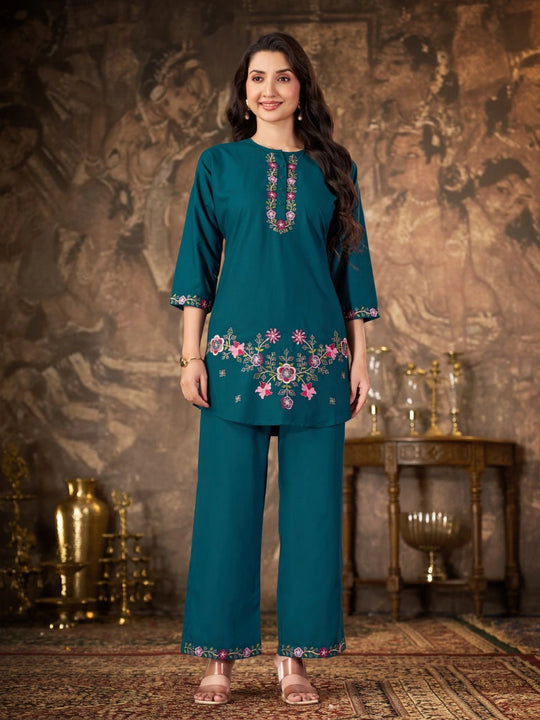 Teal Blue Thread Embroidered Coord Set front bust view Kalyanja KC22