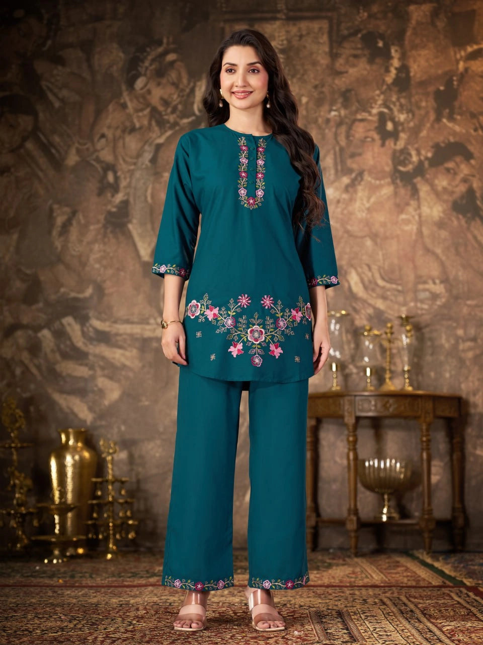 Teal Blue Thread Embroidered Coord Set front bust view Kalyanja KC22