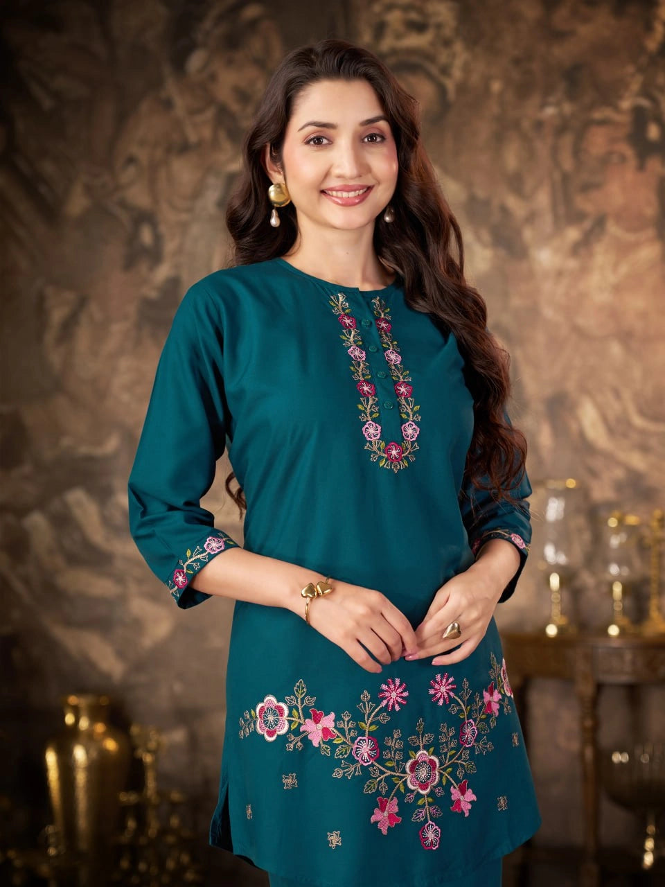 Teal Blue Thread Embroidered Coord Set side angle full length Kalyanja KC22