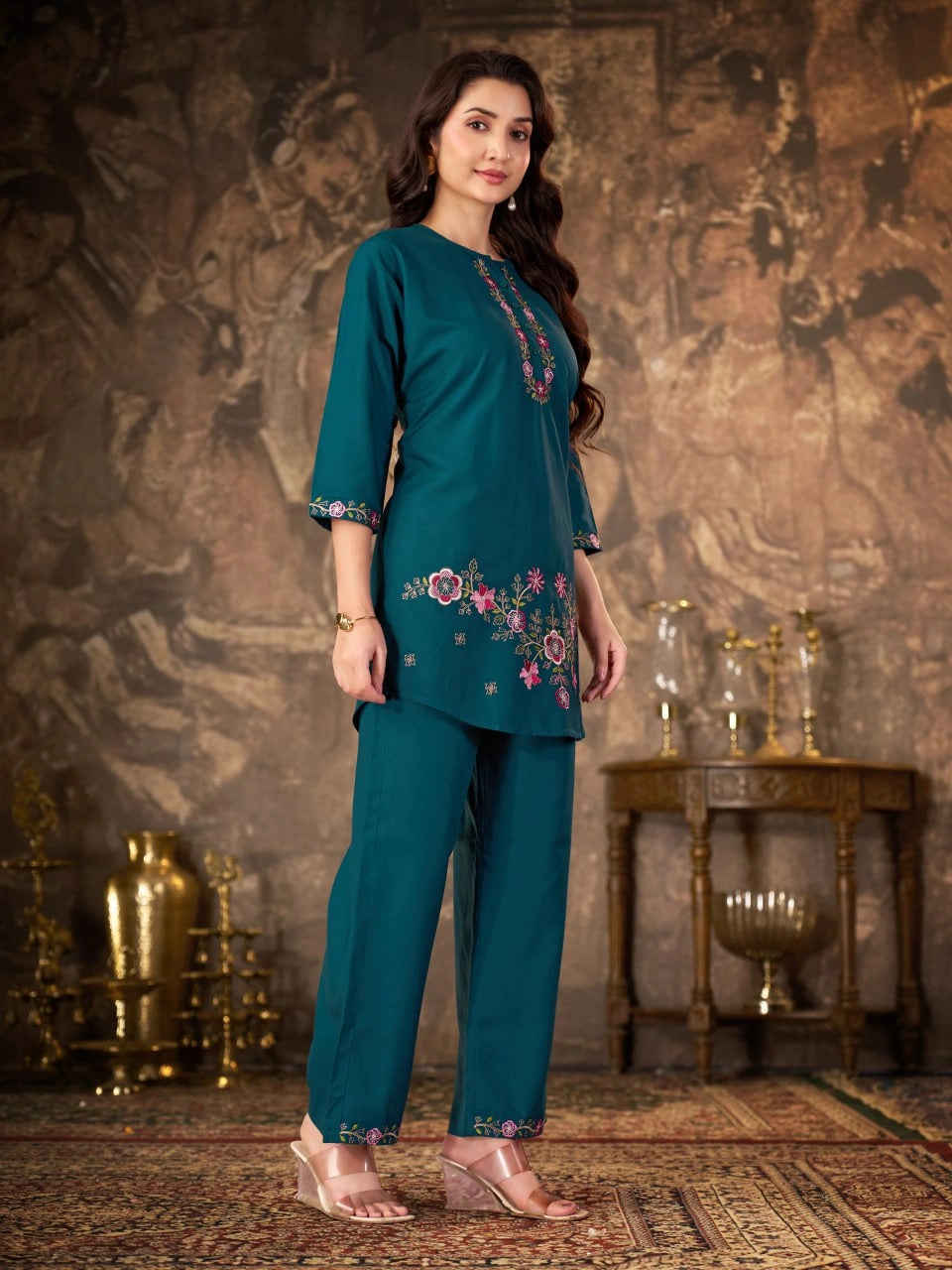 Teal Blue Thread Embroidered Coord Set model pose Kalyanja KC22
